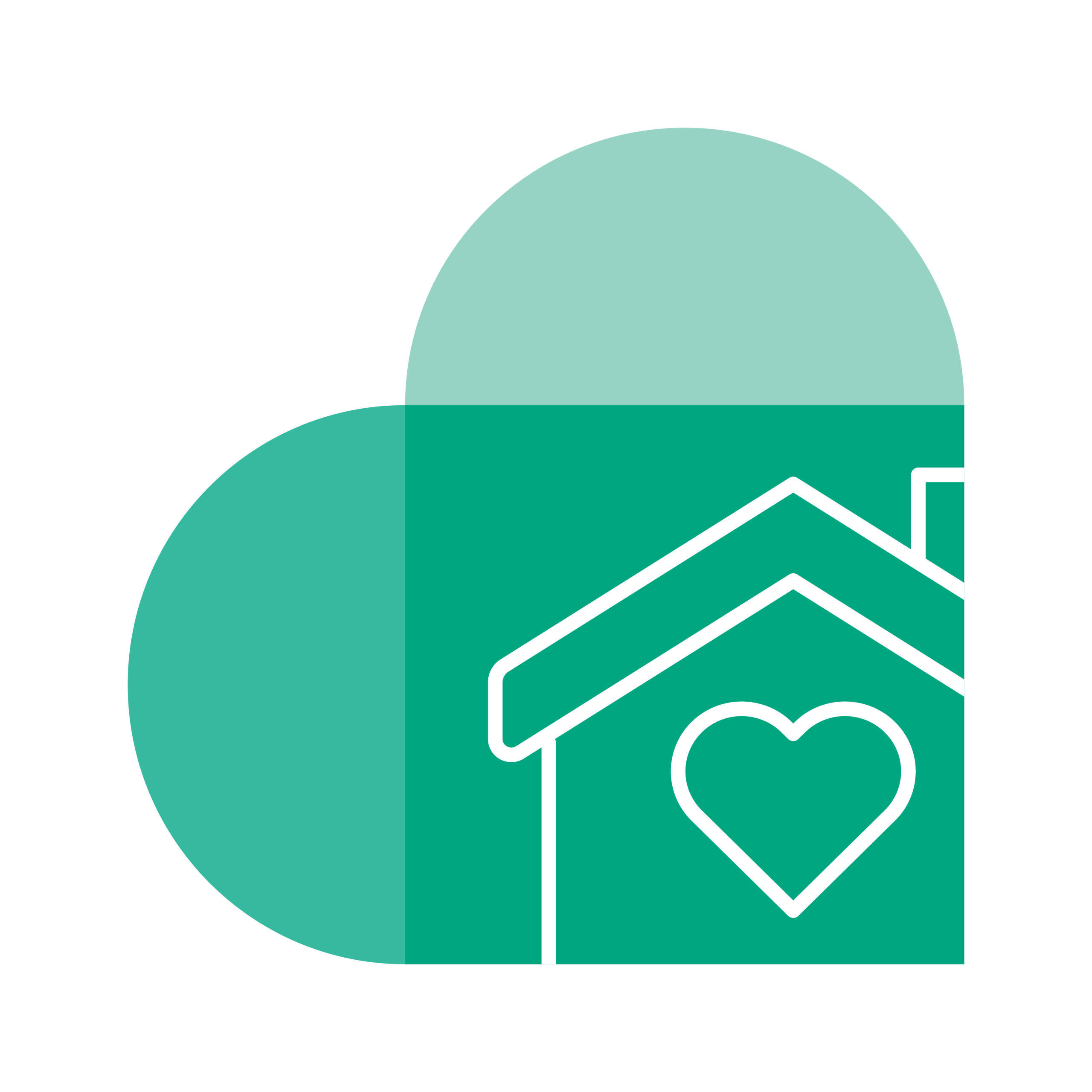 A heart shape made of different shades of green, with a house and heart symbol in the center.