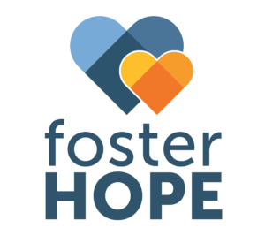 The Foster Hope MA logo - a smaller orange heart overlapping a larger blue heart with the words "foster HOPE MA" underneath