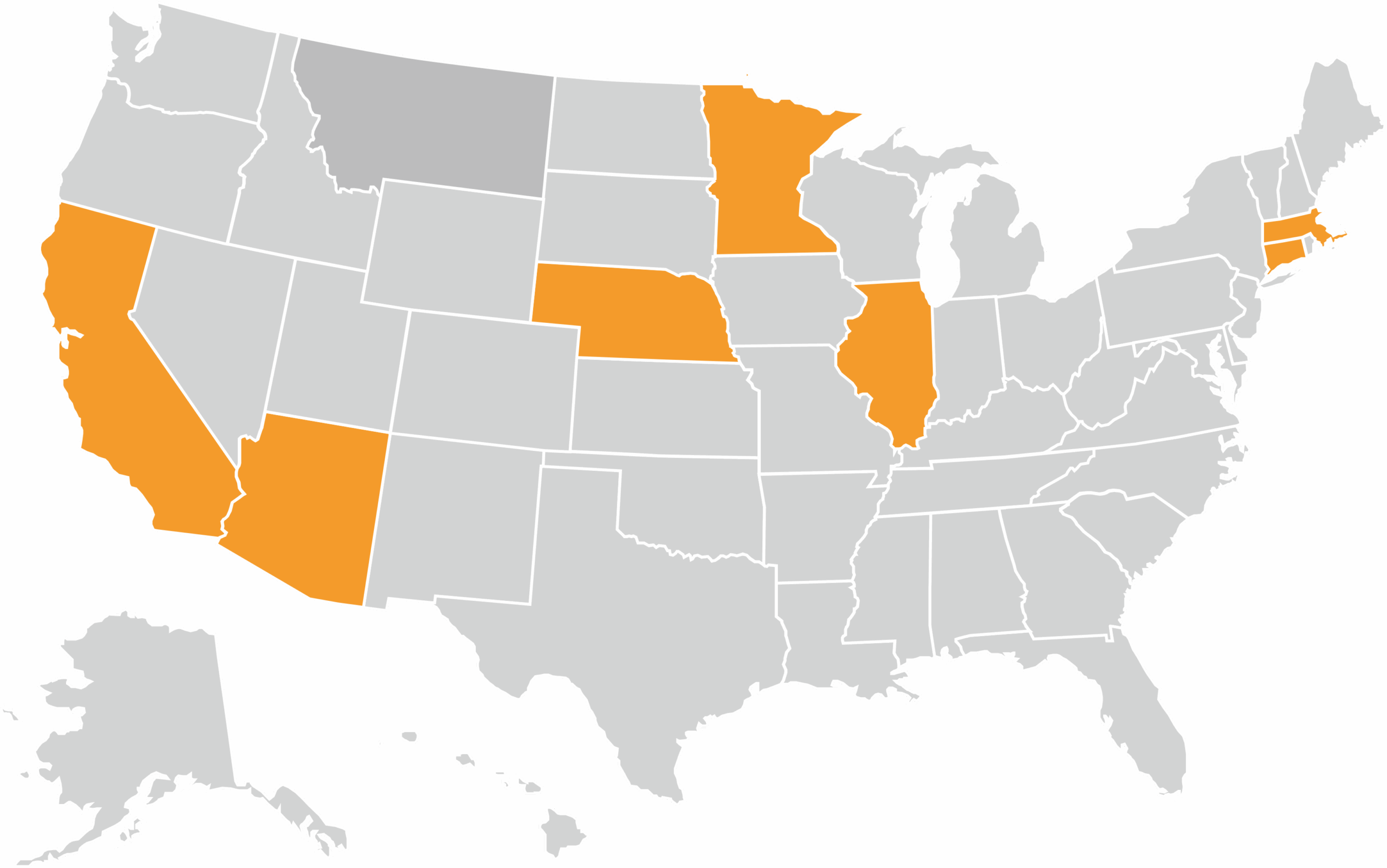A map of the United States showing which states have moved to end the practice of taking Social Security benefits from eligible youth in foster care — California, Arizona, Nebraska, Minnesota, Illinois, Connecticut, and Massachusetts.