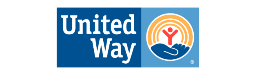 The United Way logo - a yellow circle containing a blue hand holding a red stick figure person.